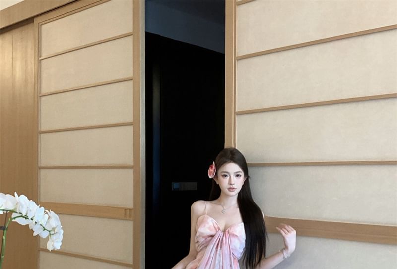 Print Spaghetti Strap A-Line Dress Maxi Floral Ruched V-Neck