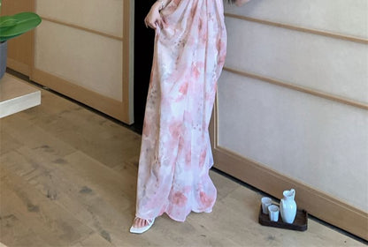 Print Spaghetti Strap A-Line Dress Maxi Floral Ruched V-Neck