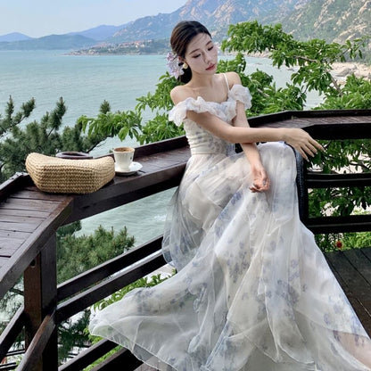 Ruched Square Shoulder Dress Floral Print Neck Ruffle Cold A-Line Maxi Trim