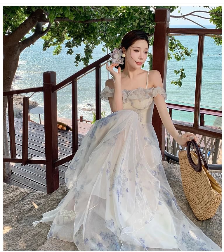 Ruched Square Shoulder Dress Floral Print Neck Ruffle Cold A-Line Maxi Trim