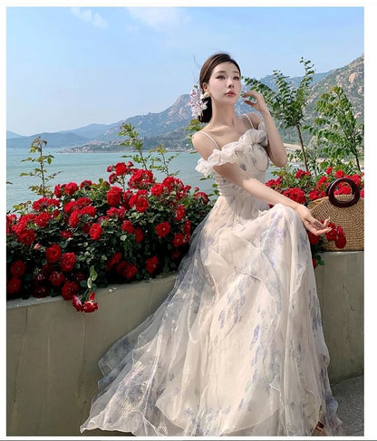 Ruched Square Shoulder Dress Floral Print Neck Ruffle Cold A-Line Maxi Trim