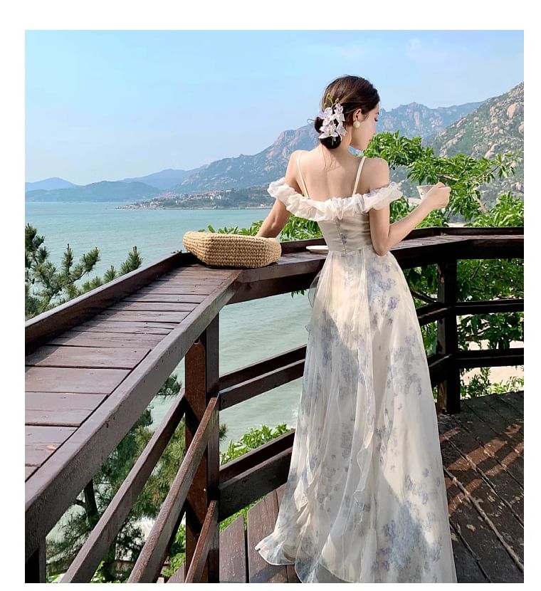 Ruched Square Shoulder Dress Floral Print Neck Ruffle Cold A-Line Maxi Trim