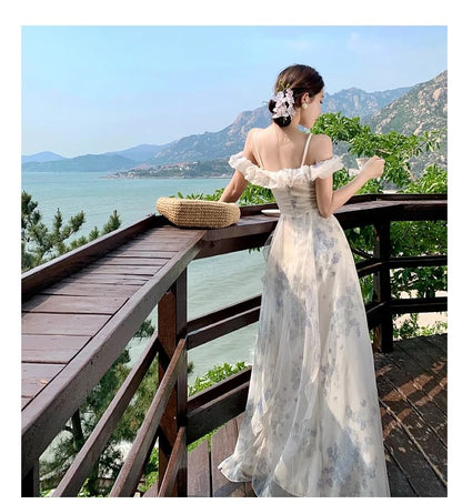 Ruched Square Shoulder Dress Floral Print Neck Ruffle Cold A-Line Maxi Trim