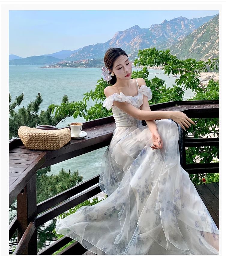 Ruched Square Shoulder Dress Floral Print Neck Ruffle Cold A-Line Maxi Trim