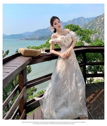 Ruched Square Shoulder Dress Floral Print Neck Ruffle Cold A-Line Maxi Trim