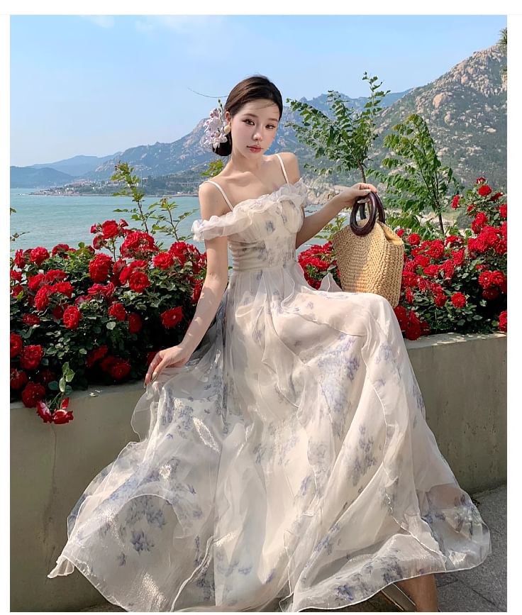 Ruched Square Shoulder Dress Floral Print Neck Ruffle Cold A-Line Maxi Trim