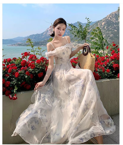 Ruched Square Shoulder Dress Floral Print Neck Ruffle Cold A-Line Maxi Trim