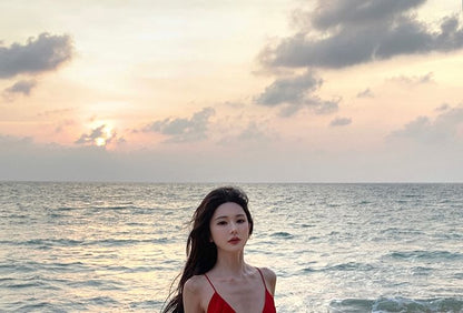 Dress Ruffle V-Neck Maxi Strap Plunge Open Trim Back A-Line Spaghetti Plain Slit