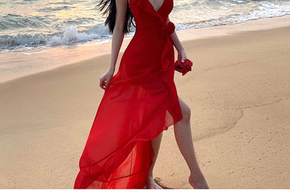 Dress Ruffle V-Neck Maxi Strap Plunge Open Trim Back A-Line Spaghetti Plain Slit