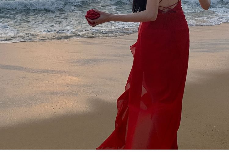 Dress Ruffle V-Neck Maxi Strap Plunge Open Trim Back A-Line Spaghetti Plain Slit