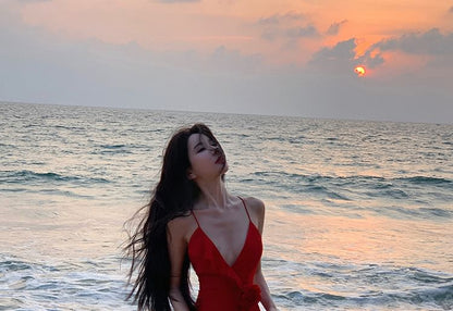 Dress Ruffle V-Neck Maxi Strap Plunge Open Trim Back A-Line Spaghetti Plain Slit