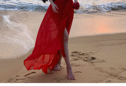 Dress Ruffle V-Neck Maxi Strap Plunge Open Trim Back A-Line Spaghetti Plain Slit