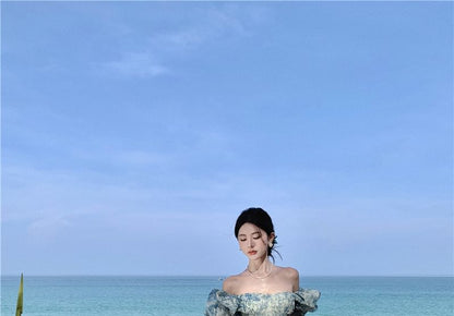 Floral Print Slit A-Line Dress Puff-Sleeve Off-Shoulder Maxi Trim Ruffle