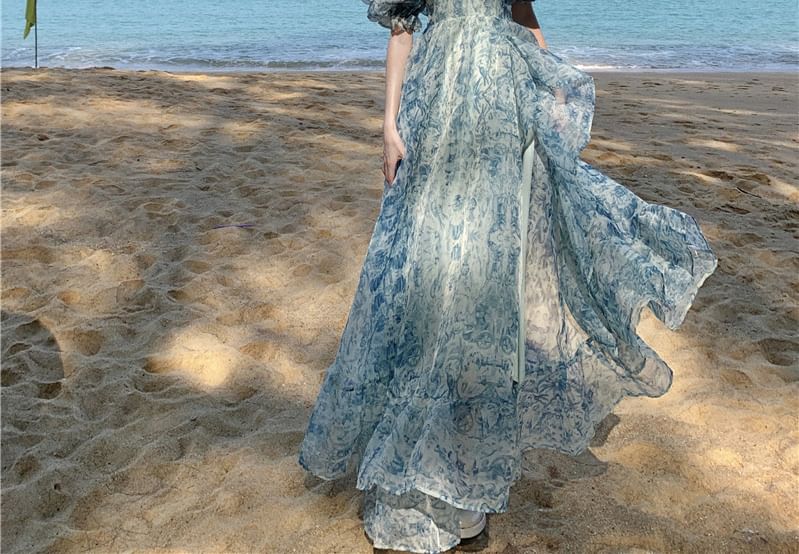 Floral Print Slit A-Line Dress Puff-Sleeve Off-Shoulder Maxi Trim Ruffle