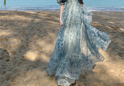 Floral Print Slit A-Line Dress Puff-Sleeve Off-Shoulder Maxi Trim Ruffle