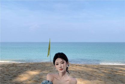 Floral Print Slit A-Line Dress Puff-Sleeve Off-Shoulder Maxi Trim Ruffle