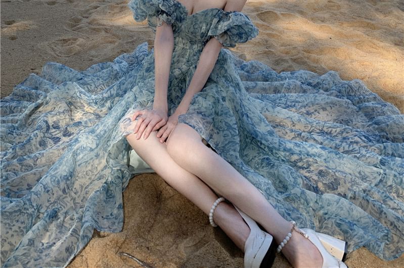 Floral Print Slit A-Line Dress Puff-Sleeve Off-Shoulder Maxi Trim Ruffle