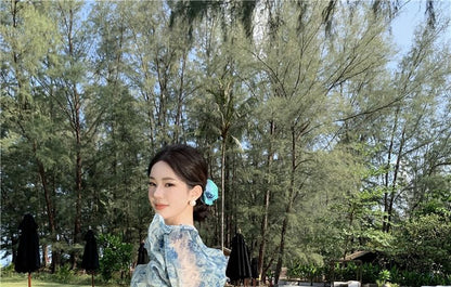 Floral Print Slit A-Line Dress Puff-Sleeve Off-Shoulder Maxi Trim Ruffle