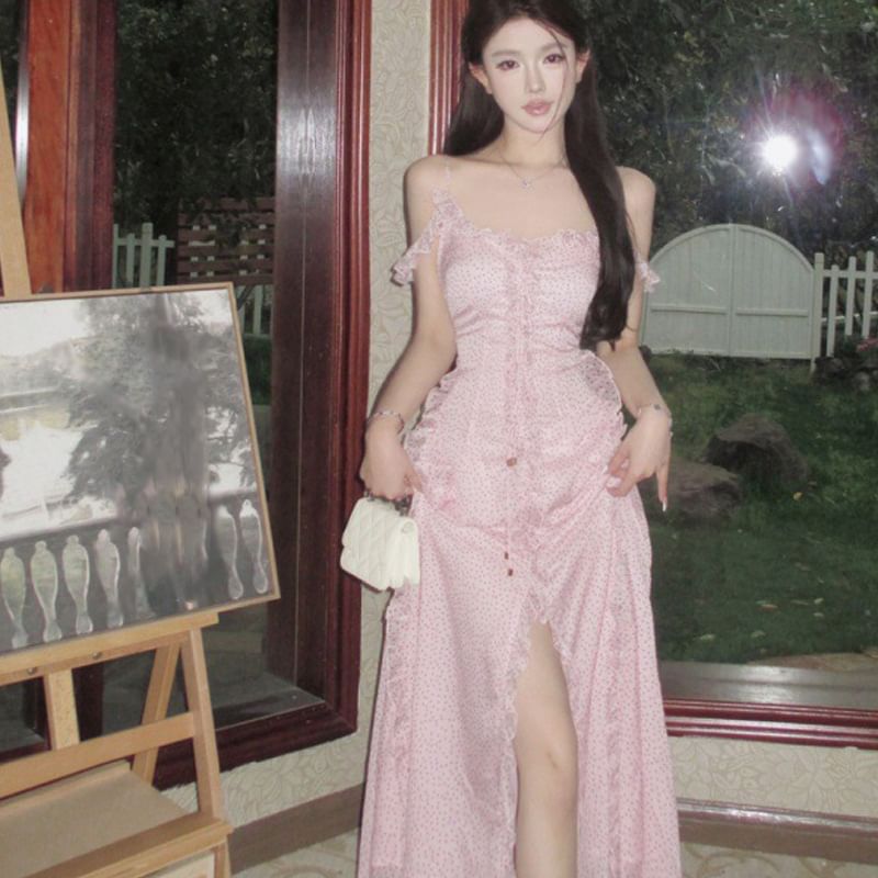 Dress Shoulder Cold A-Line V-Neck Trim Maxi Slit Ruffle Front Dotted Tie