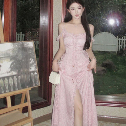 Dress Shoulder Cold A-Line V-Neck Trim Maxi Slit Ruffle Front Dotted Tie