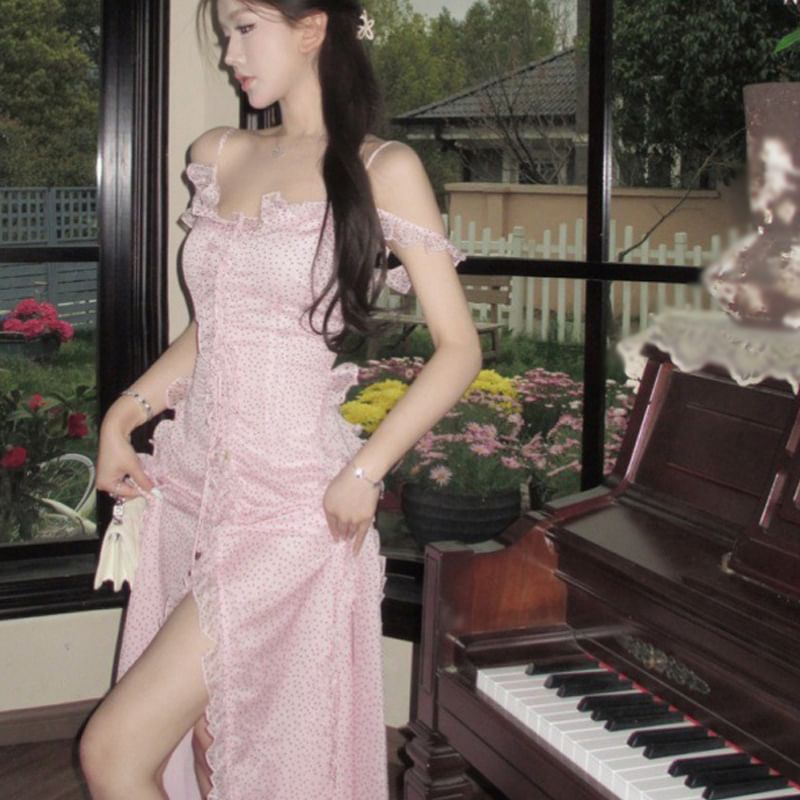 Dress Shoulder Cold A-Line V-Neck Trim Maxi Slit Ruffle Front Dotted Tie