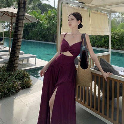 Knot A-Line Plain Dress Slit Strap V-Neck Cutout Spaghetti Maxi