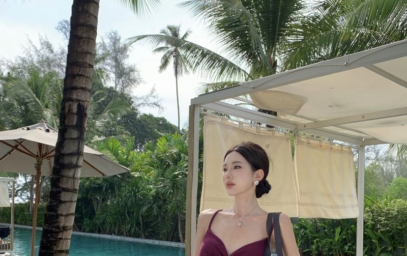 Knot A-Line Plain Dress Slit Strap V-Neck Cutout Spaghetti Maxi