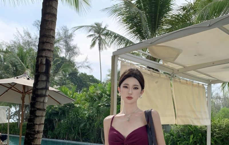 Knot A-Line Plain Dress Slit Strap V-Neck Cutout Spaghetti Maxi