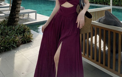 Knot A-Line Plain Dress Slit Strap V-Neck Cutout Spaghetti Maxi