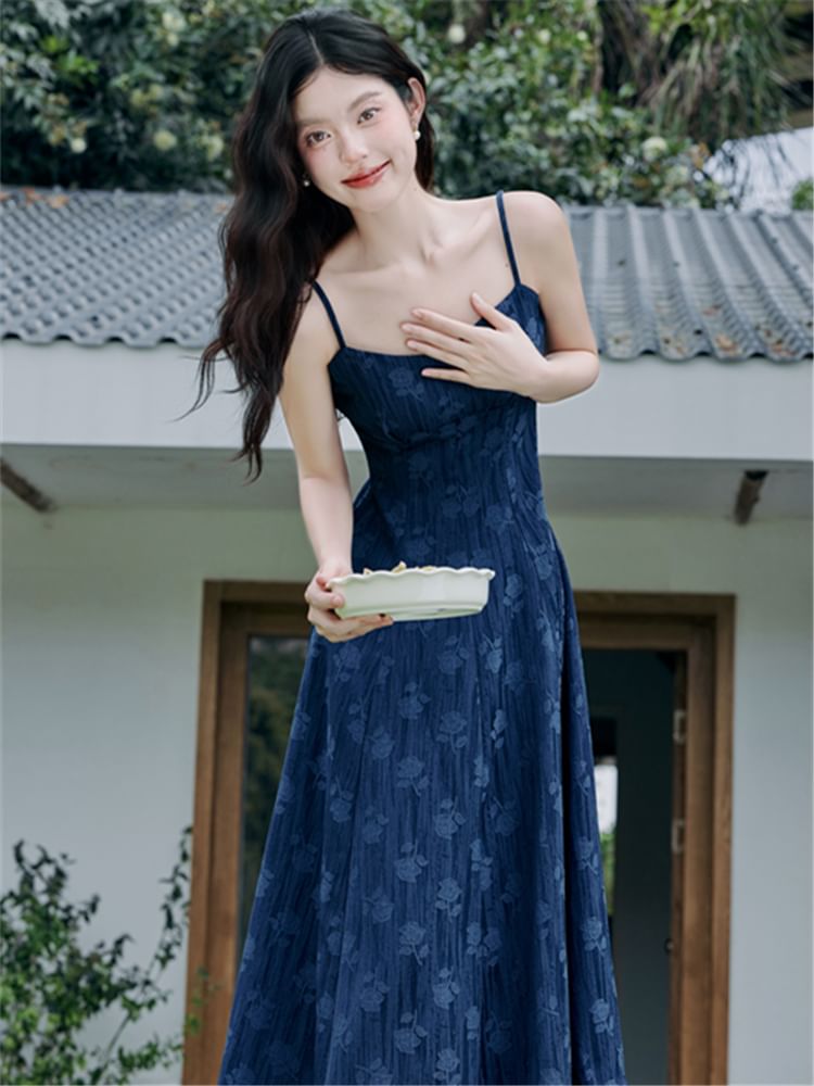 Plain Cardigan / Spaghetti Strap Floral Denim Maxi A