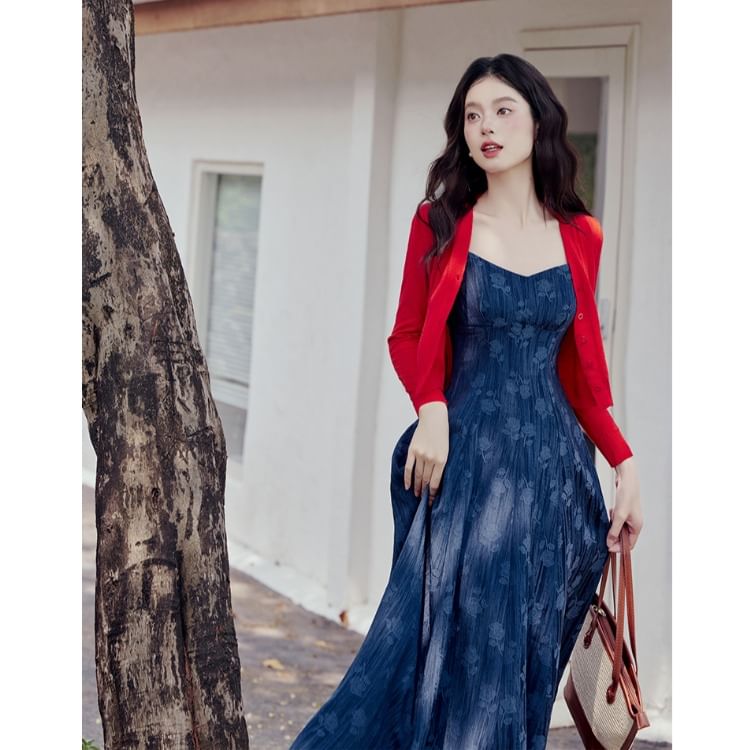 Plain Cardigan / Spaghetti Strap Floral Denim Maxi A