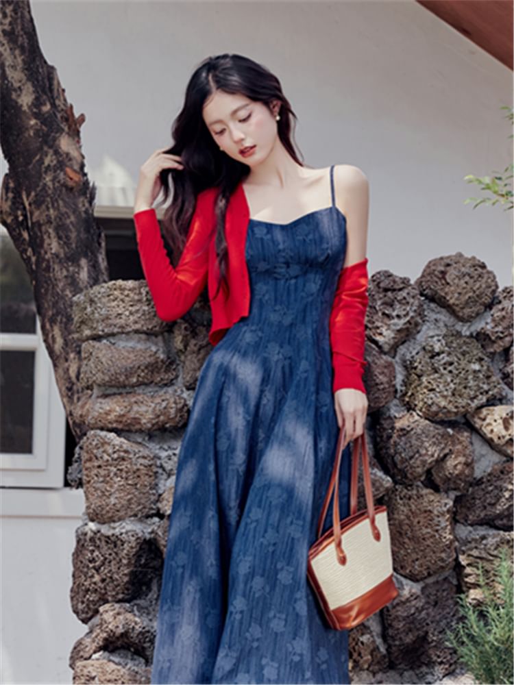 Plain Cardigan / Spaghetti Strap Floral Denim Maxi A