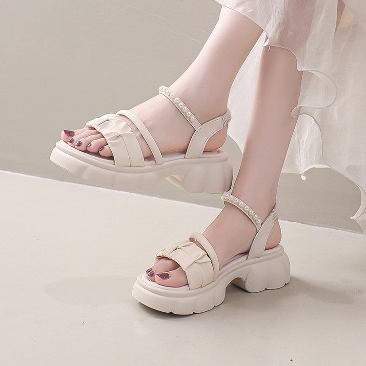 Platform Ankle Strap Faux Pearl Accent Ruched Faux Leather Sandals