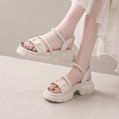 Platform Ankle Strap Faux Pearl Accent Ruched Faux Leather Sandals