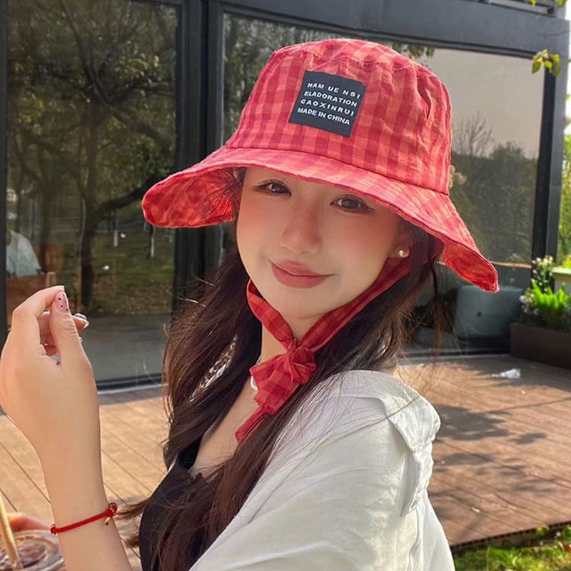 Lettering Applique Bucket Hat Plaid