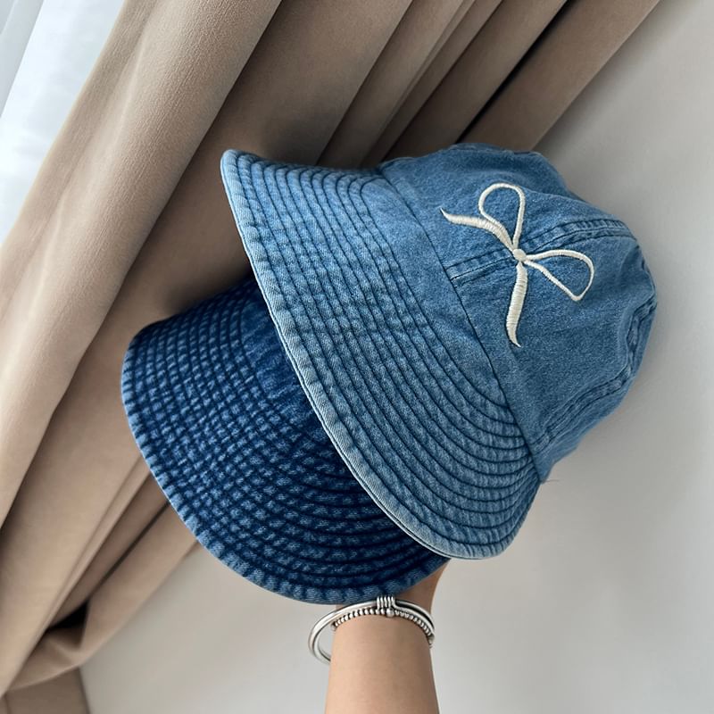 Bow Washed Wide Embroidered Denim Brim Cap