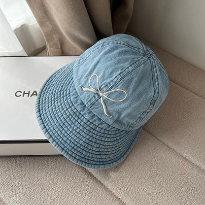 Bow Washed Wide Embroidered Denim Brim Cap