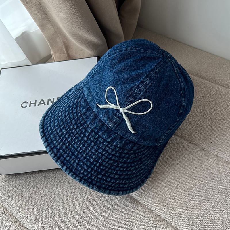 Bow Washed Wide Embroidered Denim Brim Cap