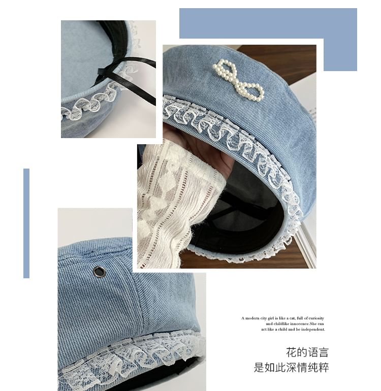 Denim Pearl Trim Lace Beret Bow Faux