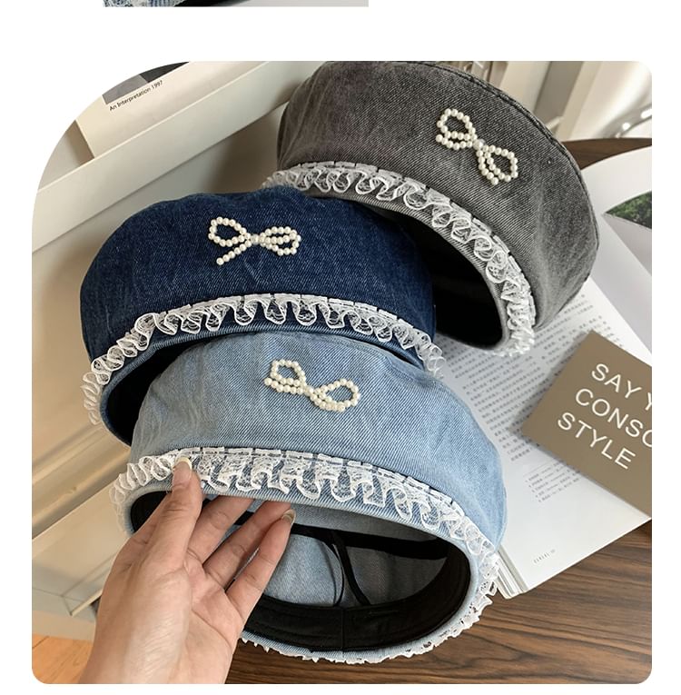 Denim Pearl Trim Lace Beret Bow Faux