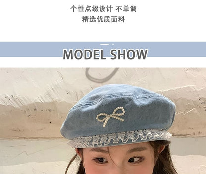 Denim Pearl Trim Lace Beret Bow Faux