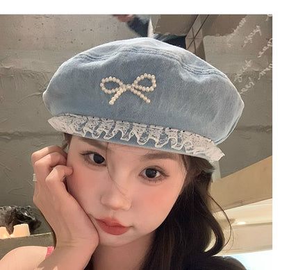 Denim Pearl Trim Lace Beret Bow Faux