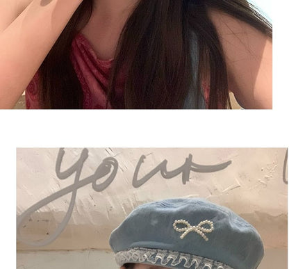 Denim Pearl Trim Lace Beret Bow Faux