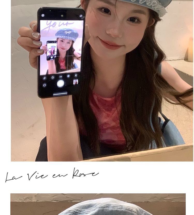 Denim Pearl Trim Lace Beret Bow Faux