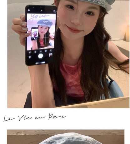 Denim Pearl Trim Lace Beret Bow Faux