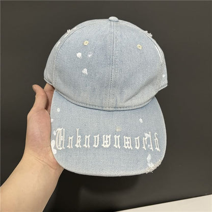 Embroidered Washed Baseball Lettering Denim Cap