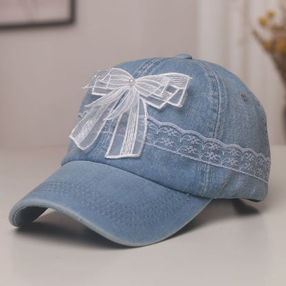 Faux Trim Pearl Baseball Cap Denim Lace Bow