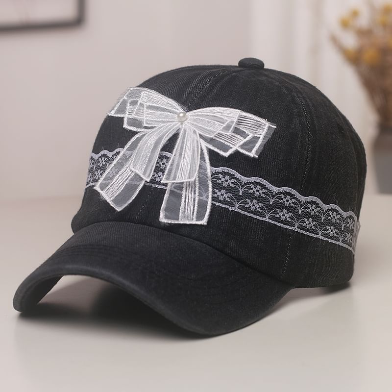 Faux Trim Pearl Baseball Cap Denim Lace Bow