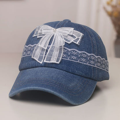 Faux Trim Pearl Baseball Cap Denim Lace Bow