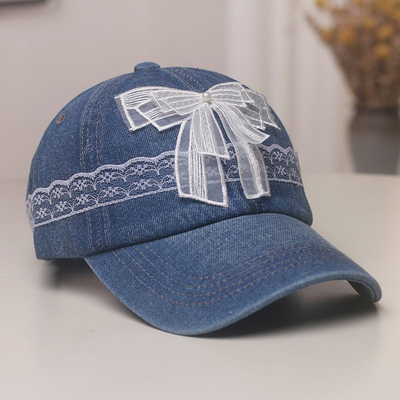 Faux Trim Pearl Baseball Cap Denim Lace Bow